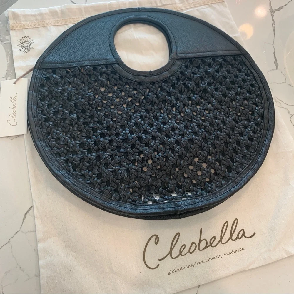 🌞 Cleobella Black Real Leather Macrame Round Circle Tote Bag